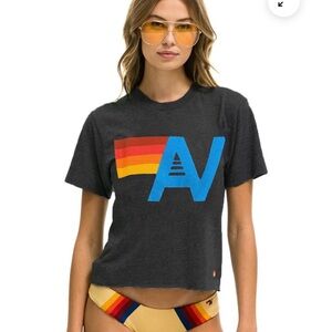 Aviator Nation Boyfriend Charcoal Tee with Rainbow Stripes
